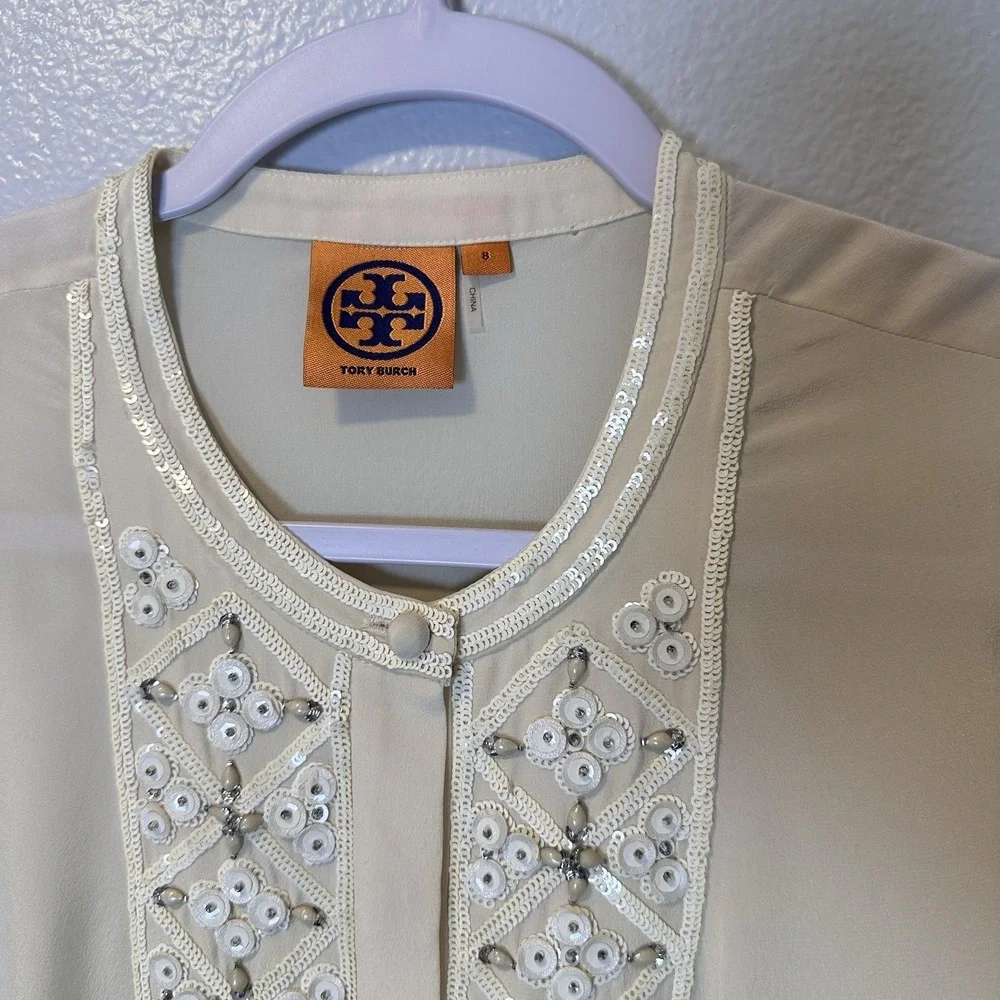 Tory Burch Size-8 Silk Embellished  Blouse 3/4 Sleeve Top‎ Ivory